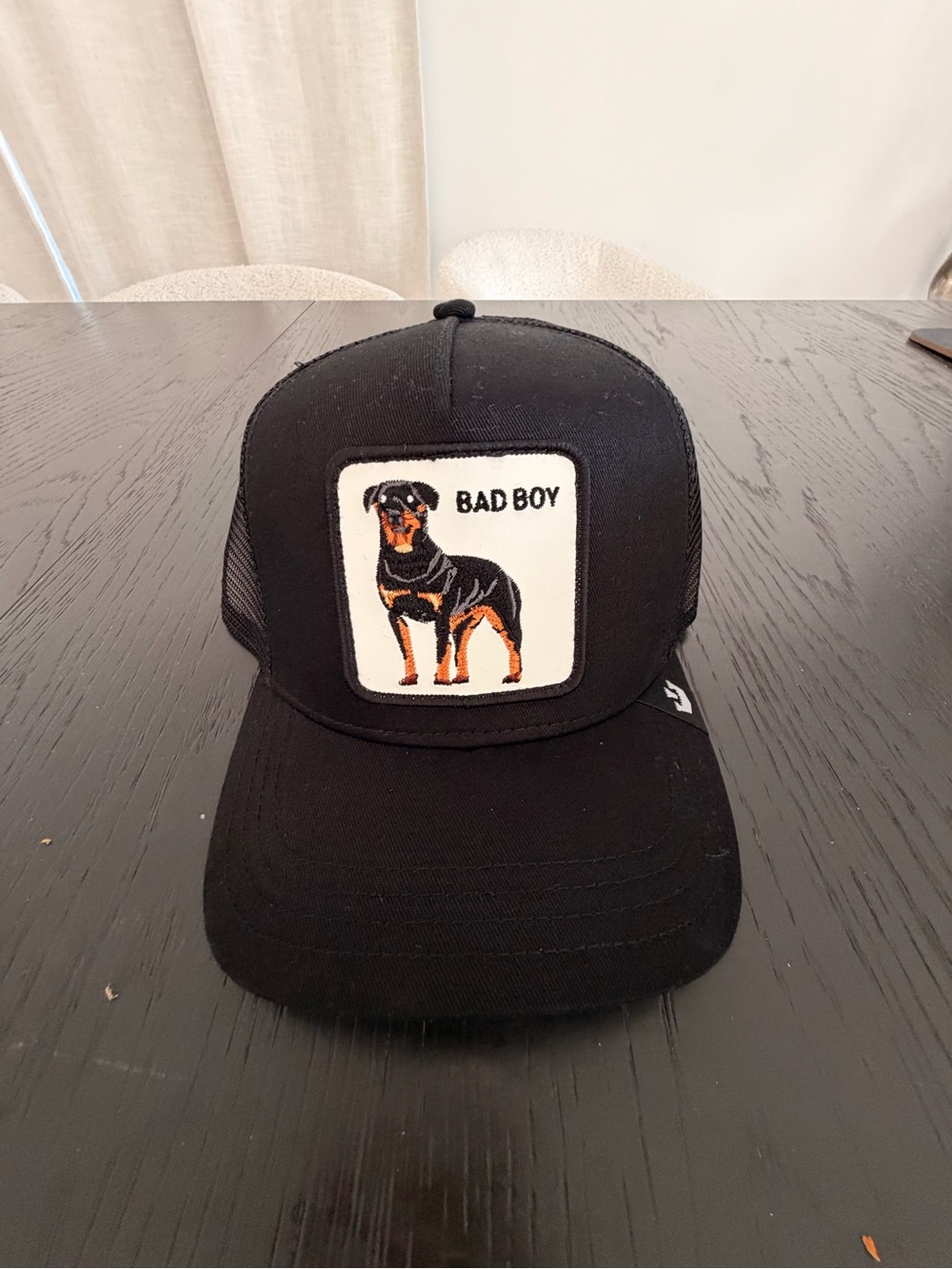 Goorin Bros Black Trucker Hat with Rottweiler 'Bad Boy' Patch